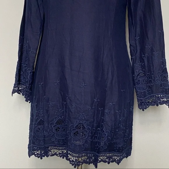 Malvin 100% Linen and Lace Trim Navy Embroidered Dress, Size Small 6 - Picture 7 of 11